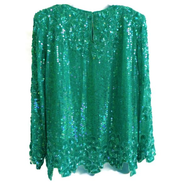 SiLK Vintage SWEE LO 80s Top Full Floral Sequin Disco Silk Emerald Green XXL - Picture 4 of 12